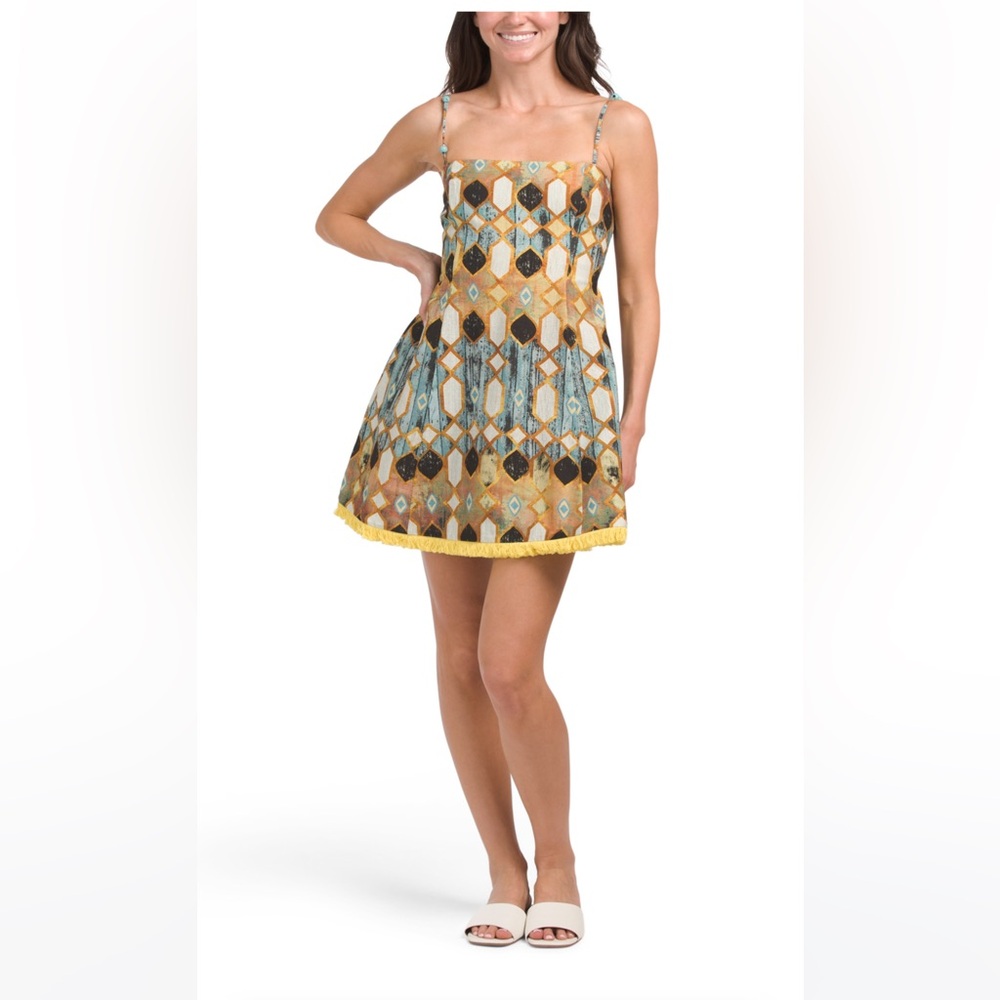 CHRISTIAN LACROIX
Linen Blend Printed Mini Dress With Fringe Hem, small -NWT